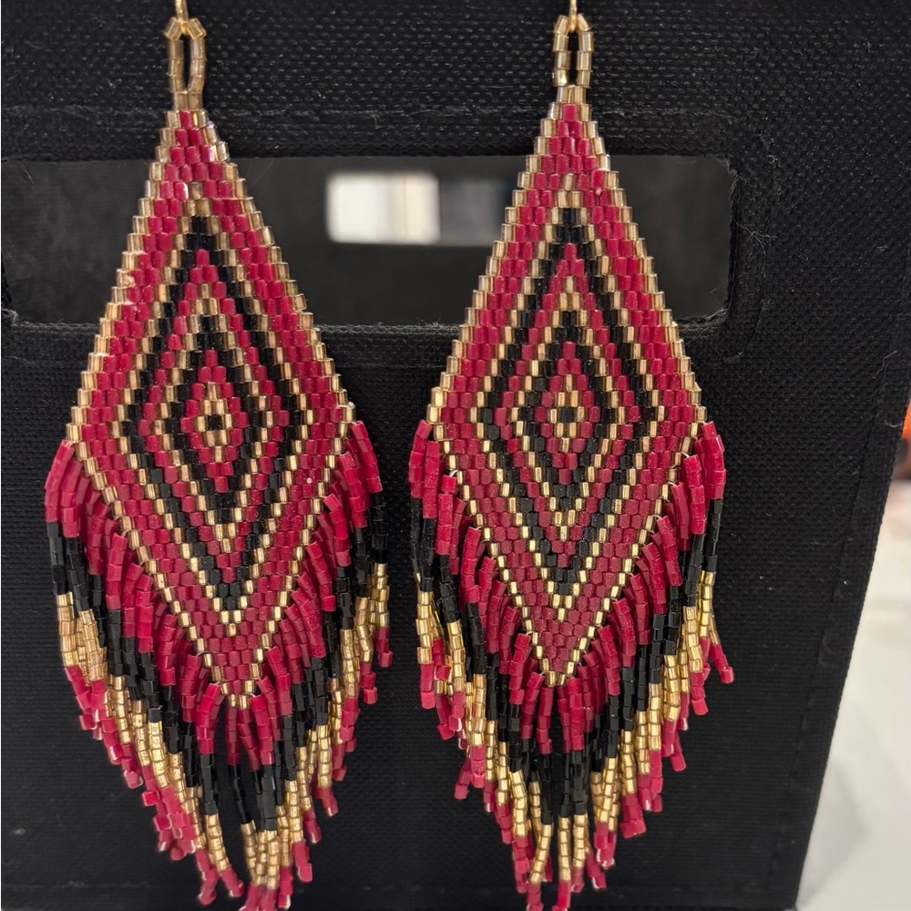 Aztec Seed Bead Fringe Earrings - Maroon, Black, and Gold.
